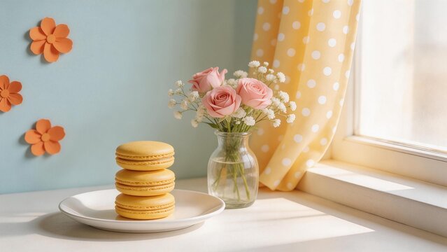 Yellow macarons and flowers by window