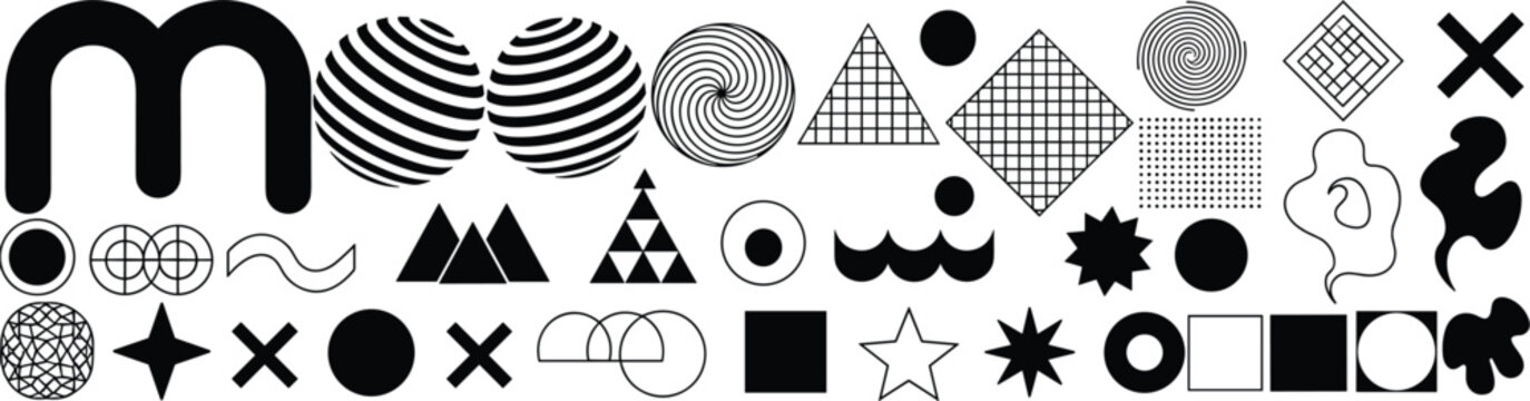 Large collection of abstract geometric shapes and Y2K acid graphics elements featuring minimalist symbols stars and wavy lines for modern streetwear branding designs.