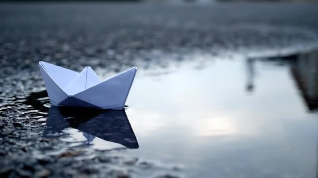 Paper boat floating on water reflecting building in background