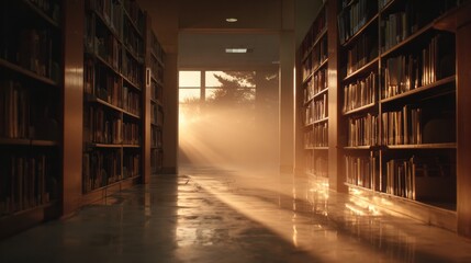 Obraz premium Glowing Path Guides the Viewer Through Library Shelves With Fog and Warm Light, Inviting Exploration and Curiosity in the Quiet Space