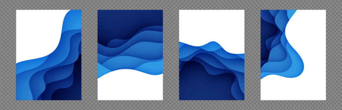 Set of water papercut art flyers layered with navi wave and map border wavy. Wallpaper abstract sea or aquarium pattern collection, topography contour. Blue hole ocean paper environment bg bundle kit
