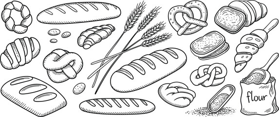 Hand drawn bakery set with bread baguette pretzel croissant wheat flour and engraved pastry elements