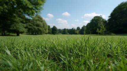 Fototapeta premium A low angle view of green grass in a sunny park with trees and blue sky in the background