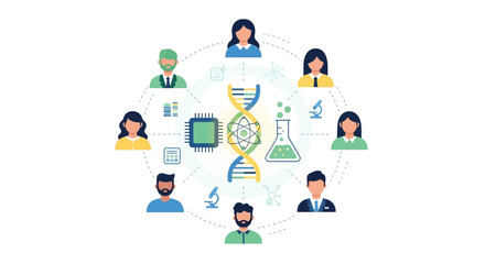 Fototapeta premium Scientific and Technological Collaboration: Diverse Team Innovating in Biotechnology, Genetics, and Research