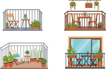 Obraz premium Balcony Oasis Collection: Charming illustrations showcasing inviting balconies adorned with lush plants, elegant furniture, and a tranquil atmosphere. 