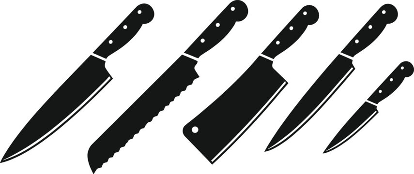 Kitchen Knife Set Silhouette Featuring Chef Knife Bread Knife Cleaver and Paring Knife Cooking Tools Collection Illustration