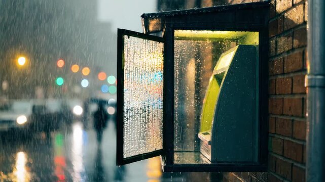 Exterior wall view of a small ATM vestibule at dusk showcasing the glowing machine in sharp focus with surrounding urban elements softly blurred.