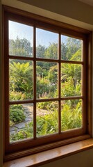 Fototapeta premium View through a wooden window with raindrops onto a lush green garden. Peaceful, natural, refreshing mood. Ideal for themes of home, nature, tranquility, or weather concepts.
