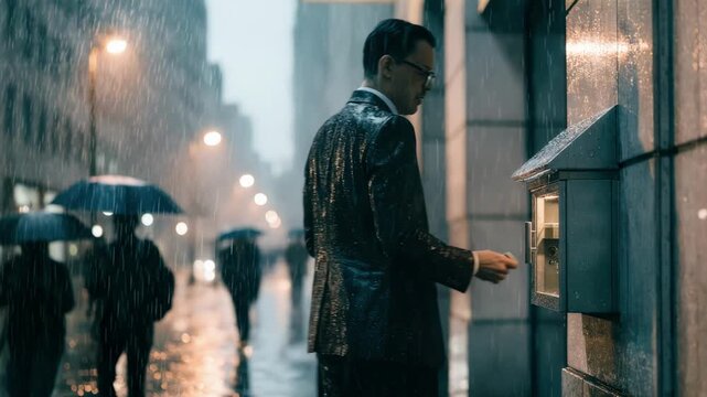 Evening scene with a client focused on unlocking a corporate night deposit box on an office building wall the surroundings softly out of focus under streetlights.