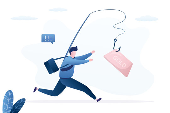 Businessman runs toward gold bar hanging from a fishing hook, financial bait and investment traps. Risks of wealth pursuit. problems in trading on precious metals market