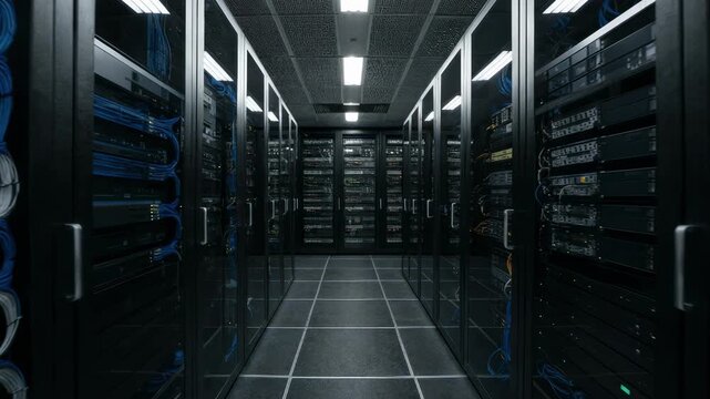 Cold aisle perspective in a commercial data center aisle emphasizing chilled airflow vents organized cabling and softly glowing server lights in the distance.