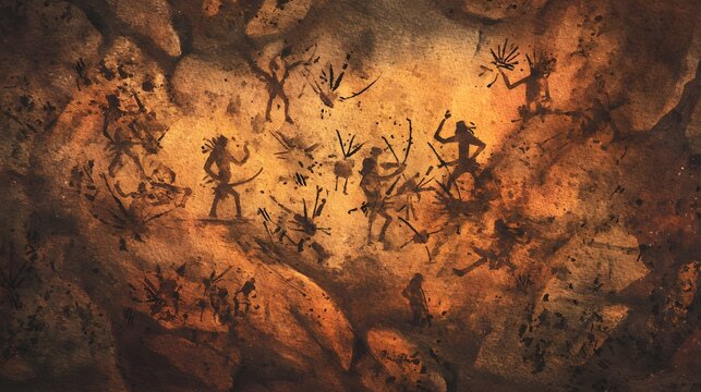 Ancient Rituals Depicted Watercolor Illustration of Early Human Life on Stone Background