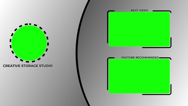 Modern YouTube end screen template featuring green screen placeholders for video thumbnails and subscribe button. Clean layout designed for easy customization and chroma key editing. Ideal for content