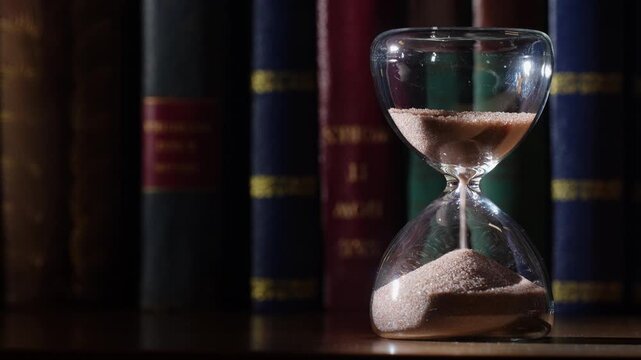 3 minute hourglass, last grains of sand, bookshelf background. Shallow depth of field, gold embossed letters on old books in low light, right aligned with soft copy space