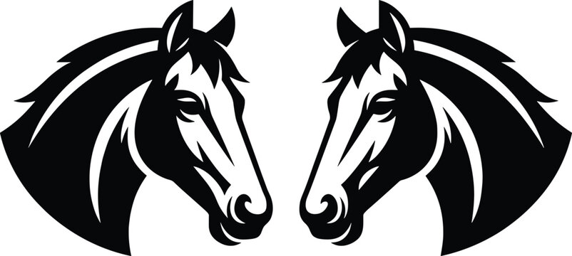Black silhouette of two horse heads facing each other in mirrored design isolated on white background for equestrian and ranch concept
