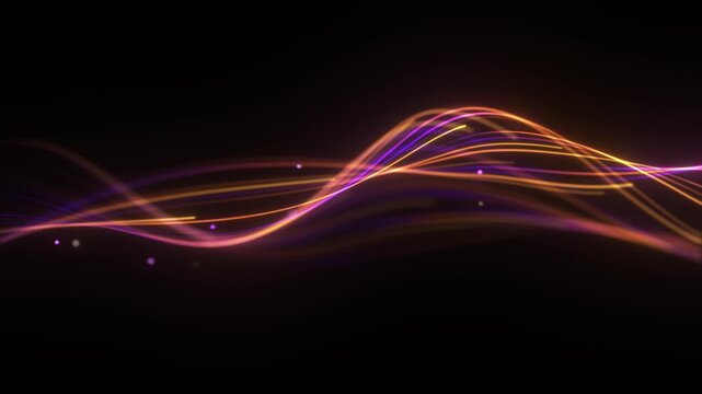 Colored purple orange wave black background. Looped vector wave of red color. Linear wave, graphic shape flow. Digital colorful, black background. Light trail illustration. Smooth glowing surface.
