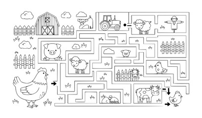Minimal black and white mother hen maze vector activity for kids farm mini game isolated on white © Boloram
