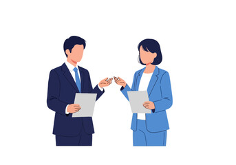 Fototapeta premium Business people in blue suits holding papers and shaking hands