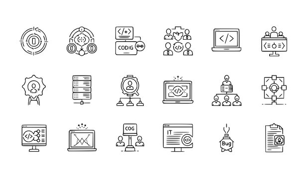 Editable stroke DevOps and software development outline vector icon set isolated on white background