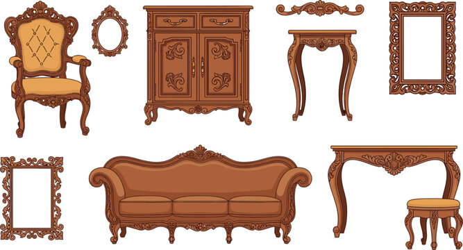 Set of elegant vintage luxury furniture icons featuring baroque style wooden sofa armchair cabinet ornate frames and classic tables for interior design decoration and architectural vector projects