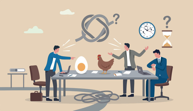 Business argument, conflict or disagreement, wasted meeting its time arguing with no result, controversy question concept, businessman colleagues arguing fight about chicken vs egg who come first.