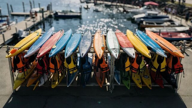 Midday drone perspective with rows of colorful kayaks and paddleboards lifejackets in sharp focus on racks while the busy dock blurs behind.