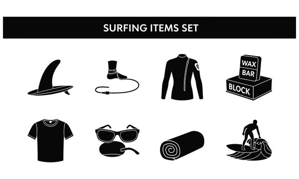 Surfing items set including surfboard leash jacket and accessories on display