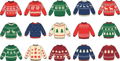 Large collection of fifteen Christmas sweater vectors with festive ugly sweater patterns including reindeer snowflakes stars and pine trees for winter holiday seasonal graphic design projects © Mst