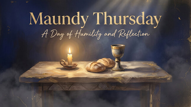 Maundy Thursday wooden table with lit candle, bread, and chalice in warm spiritual glow