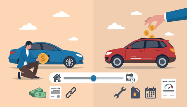 Car leasing or car loan, borrow money too buy new car, rental auto too maintenance cost, debt, purchase buy new trend vehicle concept, businessman hand to owner put dollar money coin into new car