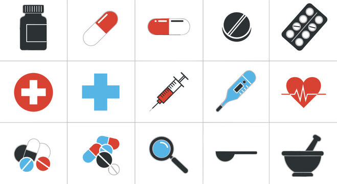 Medical and healthcare vector icon set featuring pills capsules medicine bottles syringes thermometers heart rate monitors and pharmacy equipment isolated on white background grid