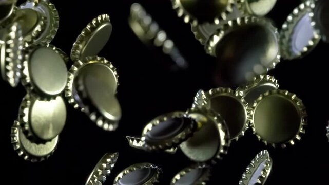 Thrown Beer Lids. Golden beer bottle caps floating in the air on a black background. Slow Motio