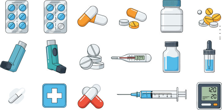 Medical diagnostic and pharmacy vector icon set featuring asthma inhalers blood pressure monitors digital thermometers syringes medicine bottles and various antibiotic pills isolated on white backgrou