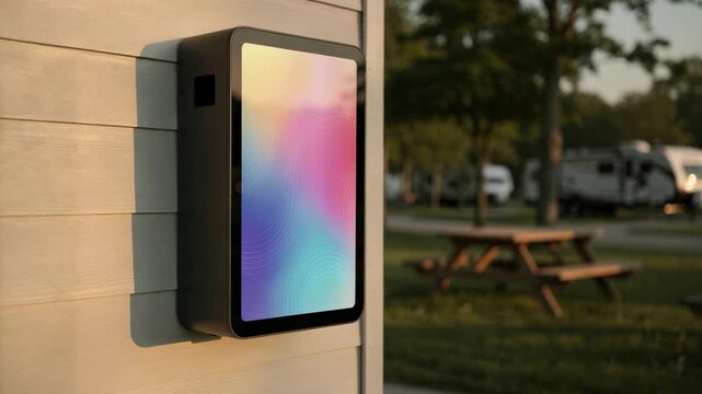 Medium shot highlighting a sleek wallmounted RV checkin kiosk with vibrant interface set against a softly blurred cluster of picnic tables and nature.