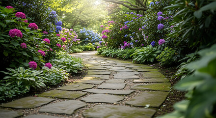 Obraz premium Garden path made of stone slabs surrounded by colorful flowers 