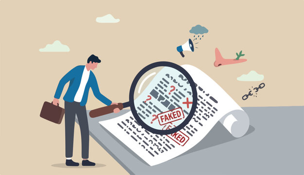 Fake document, wrong information verification fake news inspection, fraud illegal reports concept, smart businessman inspector magnifying glass verify fake document