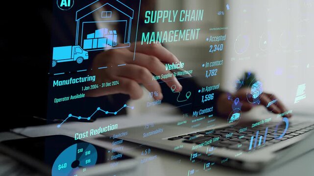 Supply chain management interface showing delivery routes, warehouse efficiency, cost savings, vehicle tracking, procurement ROI, and contract stages. Futuristic supply chain monitoring system. Thunk