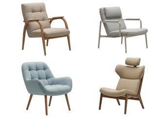 Obraz premium A collection of four contemporary upholstered lounge chairs with different styles and wood frames