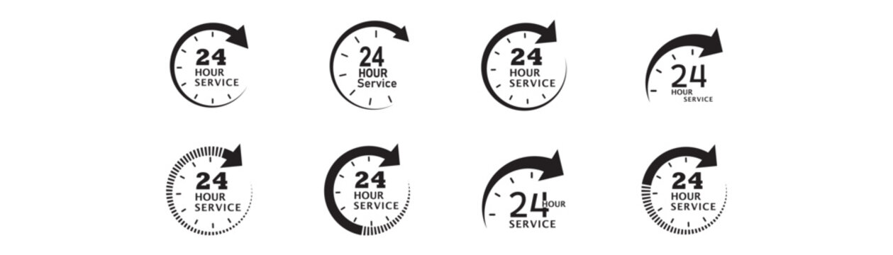 Set of 24h service duration icon. 24h order execution or delivery service, High quality minimal design ideal for web, app, UI, branding and digital use. 24x7 support and nonstop availability concept.