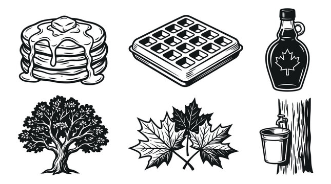 A vintage set of maple syrup production icons. Includes pancakes, waffle, tree, and leaves. Perfect for rustic breakfast menus, packaging, or farm branding.