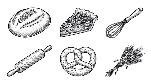 A set of vintage, hand-drawn bakery icons in an engraving style. Includes bread, pie, pretzel, and baking tools. Perfect for logos, menus, and rustic food branding.