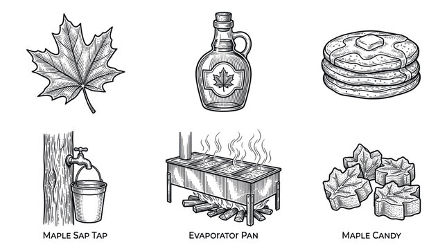 A set of vintage engraving style illustrations showing maple syrup production from sap to pancakes. Perfect for rustic branding, menus, packaging, and educational material.