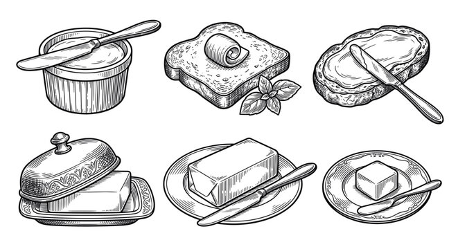 A vintage set of hand-drawn butter and bread illustrations. Includes toast, dish, and knife. Ideal for rustic menus, farm product packaging, and retro food branding.