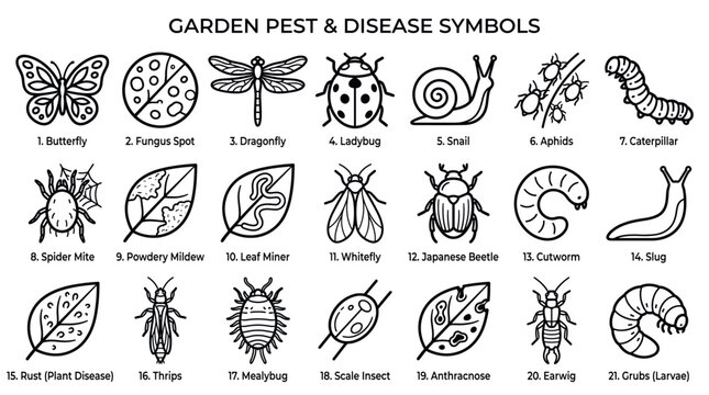 Set of black line icons showing common garden pests and plant diseases. Simple vector symbols for educational infographics, agriculture, and horticulture guides.