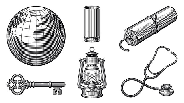 A set of various vintage objects in a retro engraved vector style. Includes a globe, key, stethoscope, lantern, dynamite, and bullet shell for conceptual design.