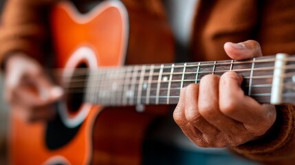 Fototapeta premium A close-up of a person's hands playing an acoustic guitar, showcasing passion.