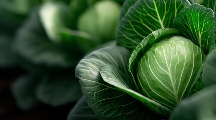 Obraz premium Fresh green cabbage growing in a garden, showcasing its vibrant leaves.