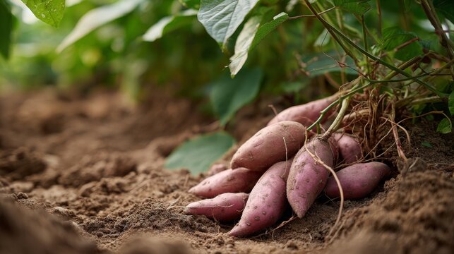 A cluster of fresh sweet potatoes resting on rich, brown earth.