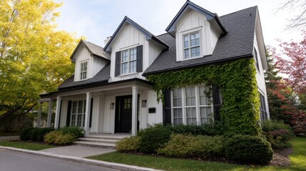 modern farmhouse design, two-storey contemporary farmhouse with wraparound deck, monochrome palette, ivy-covered packagemailbox, under a clear blue sky