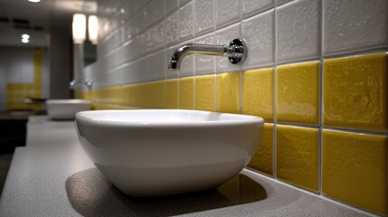 bathroom tile photography, artistic editorial of white and yellow geometric tile design behind sink with text space